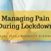Managing pain during pain in a yellow rectangle. The background is someone sat on the floor
